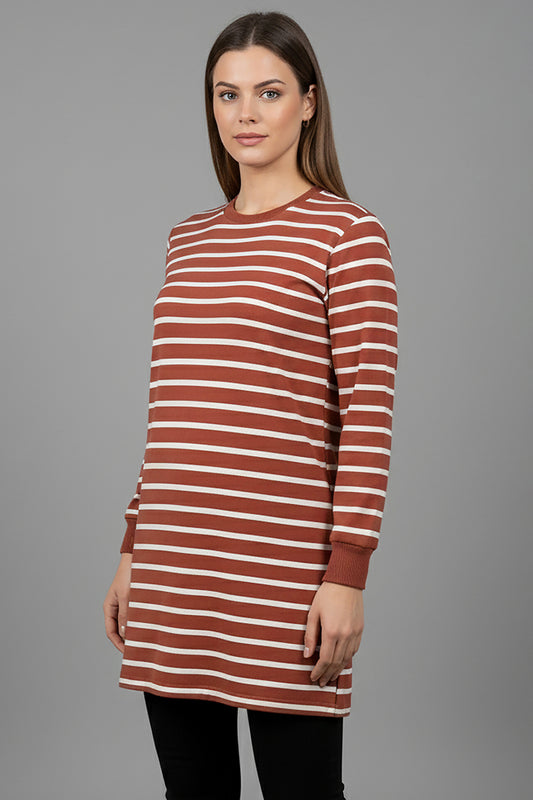 Büyük Beden Yan Yırtmaçlı Bisiklet Yaka Çizgili Tunik Gül Kurusu