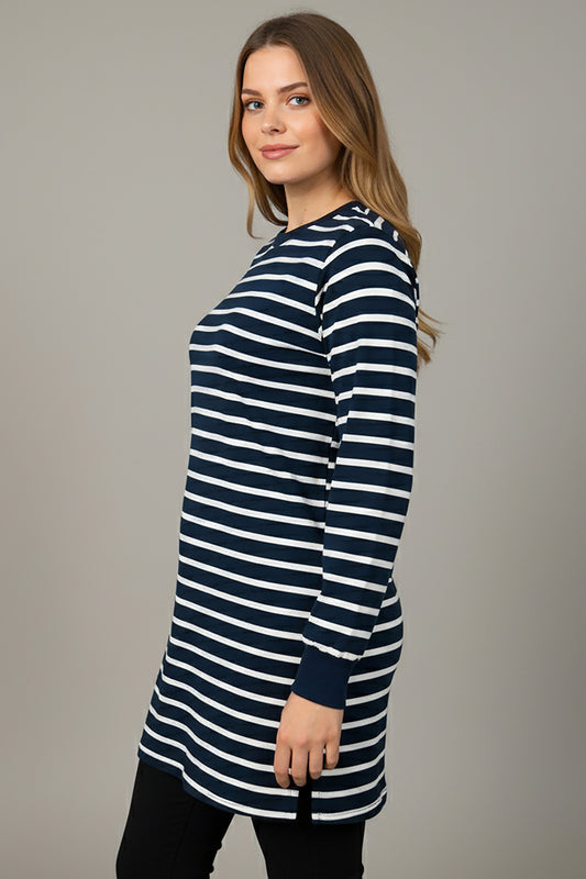 Büyük Beden Yan Yırtmaçlı Bisiklet Yaka Çizgili Tunik Lacivert