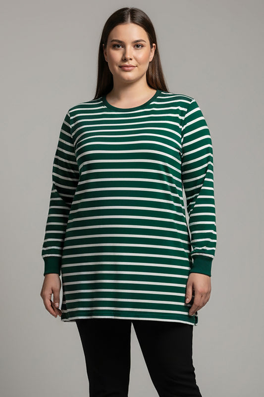 Büyük Beden Yan Yırtmaçlı Bisiklet Yaka Çizgili Tunik Zümrüt