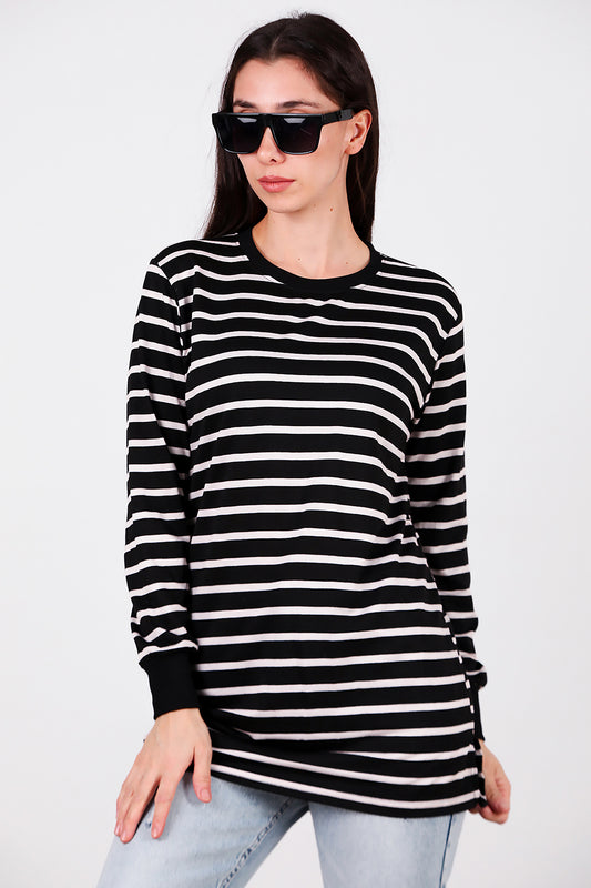 Kadın Yanı Yırtmaçlı Çizgili Tunik Black