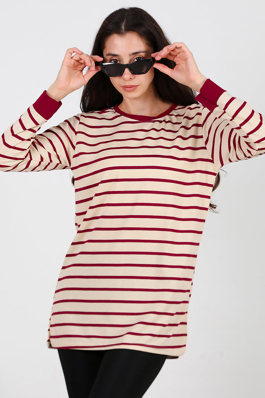 Kadın Yanı Yırtmaçlı Çizgili Tunik Bordo