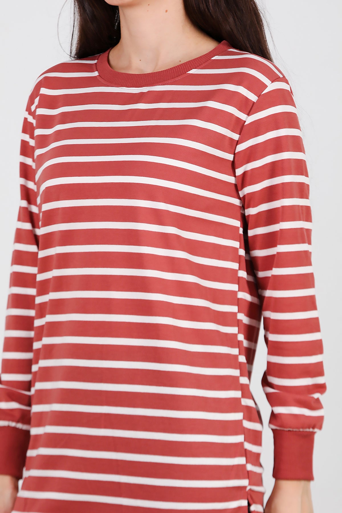 Kadın Yanı Yırtmaçlı Çizgili Tunik Gül Kurusu