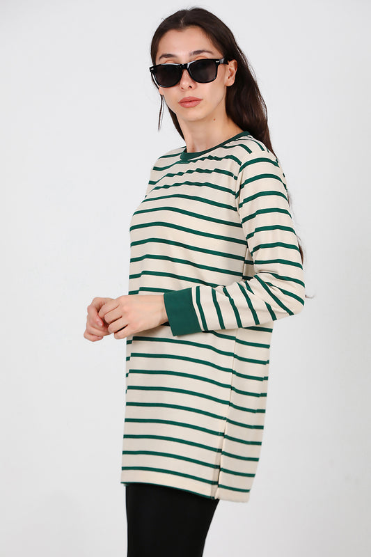 Kadın Yanı Yırtmaçlı Çizgili Tunik Yeşil