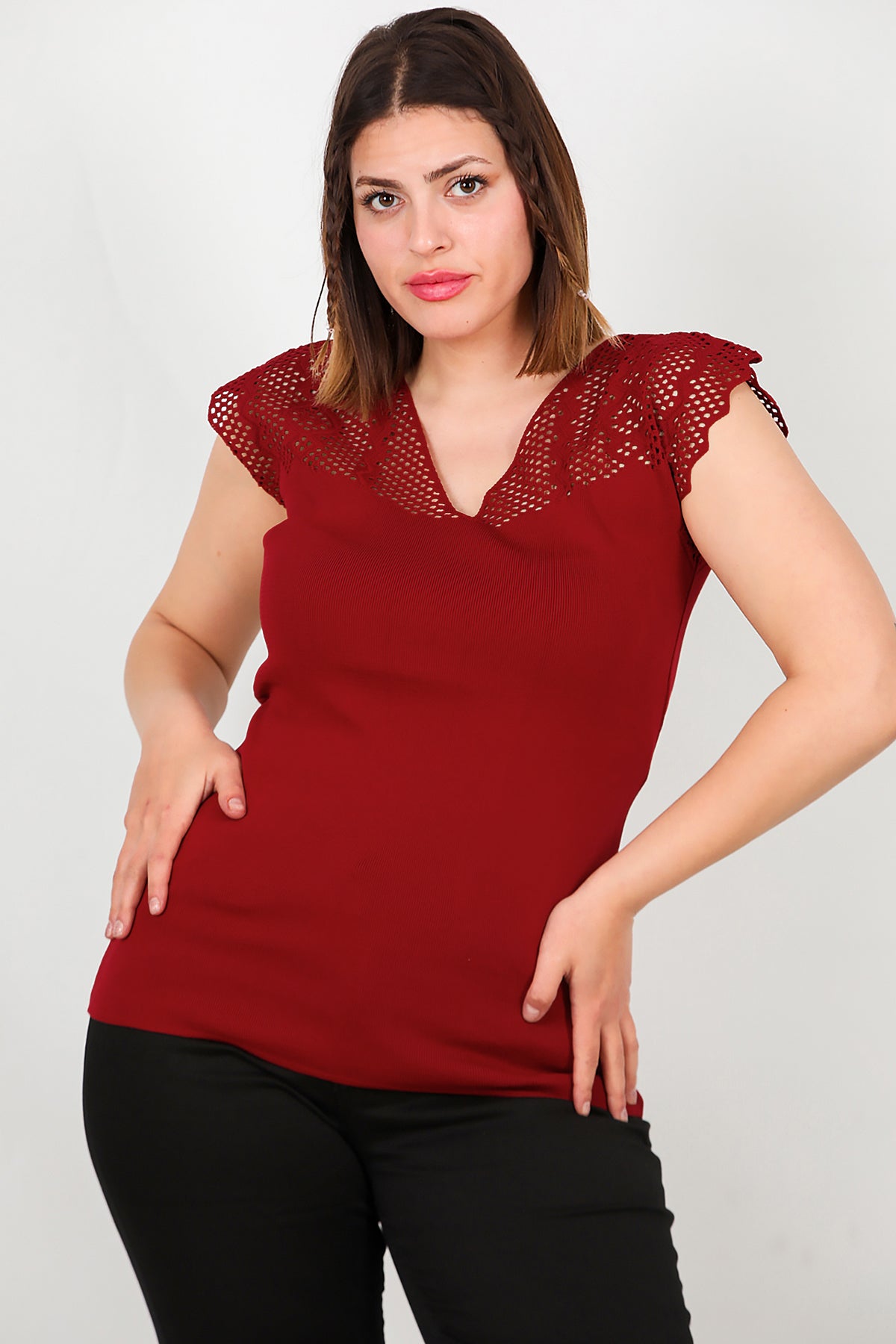 Büyük Beden Ajurlu Triko Bluz Bordo