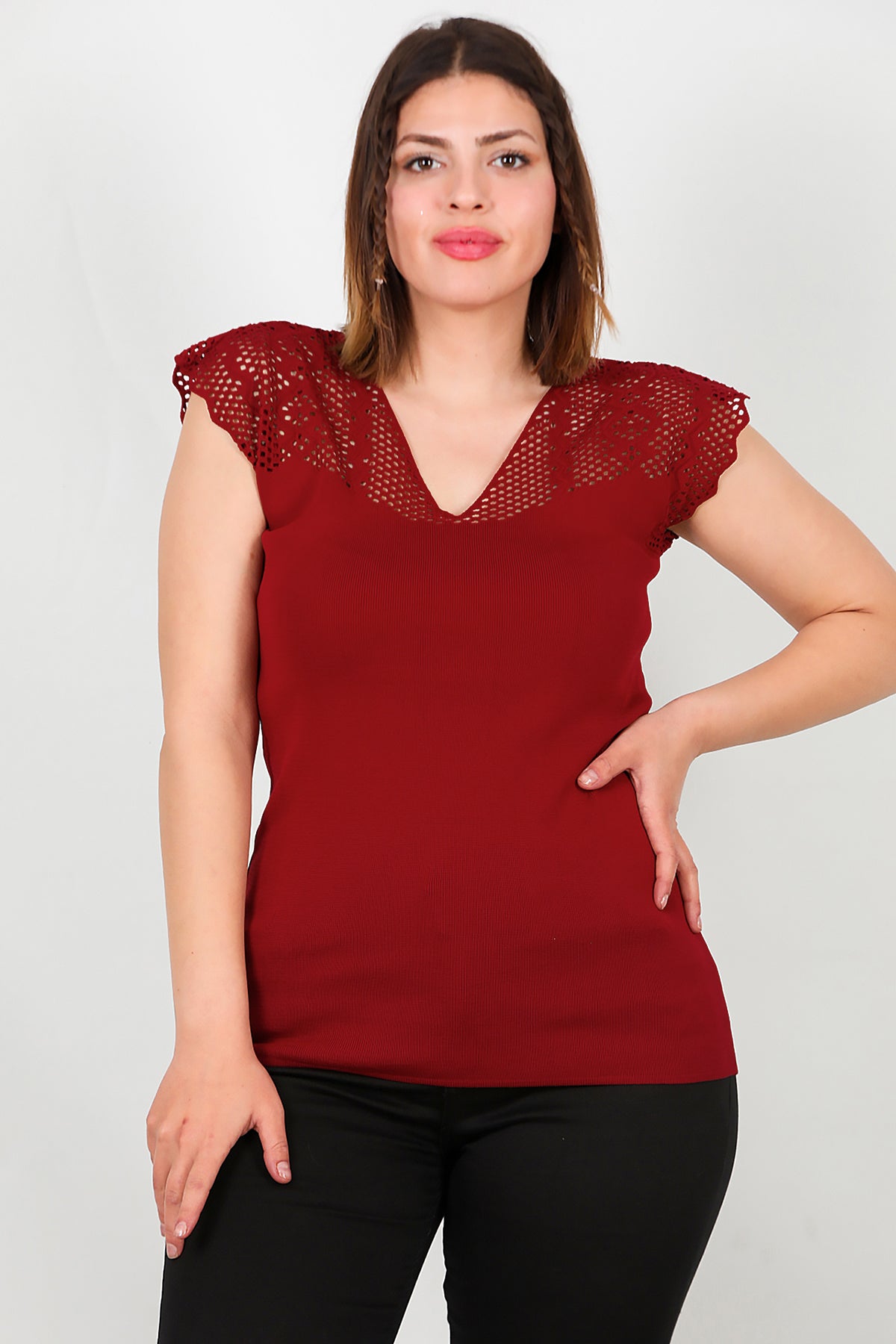 Büyük Beden Ajurlu Triko Bluz Bordo