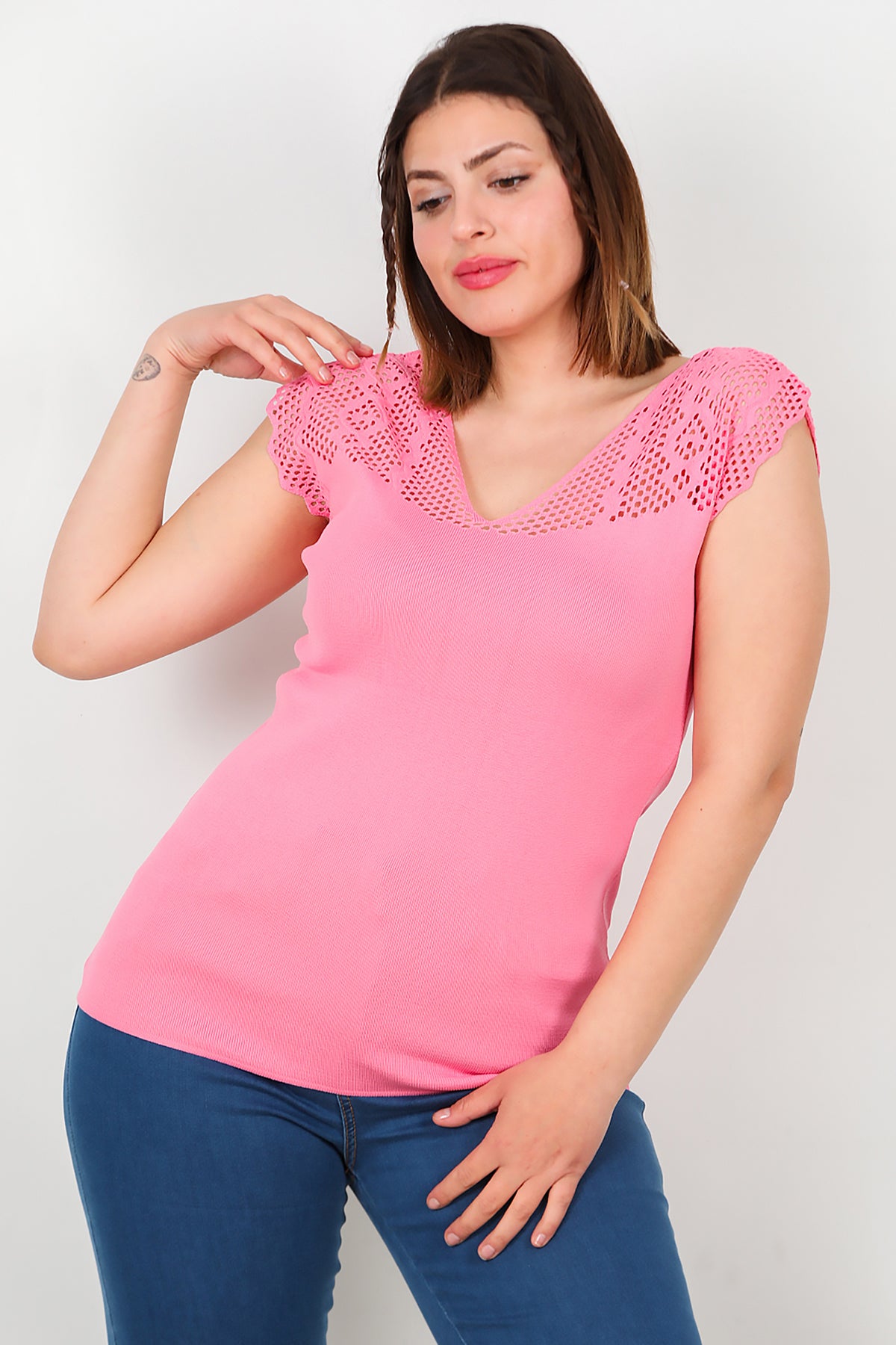 Büyük Beden Ajurlu Triko Bluz Pembe