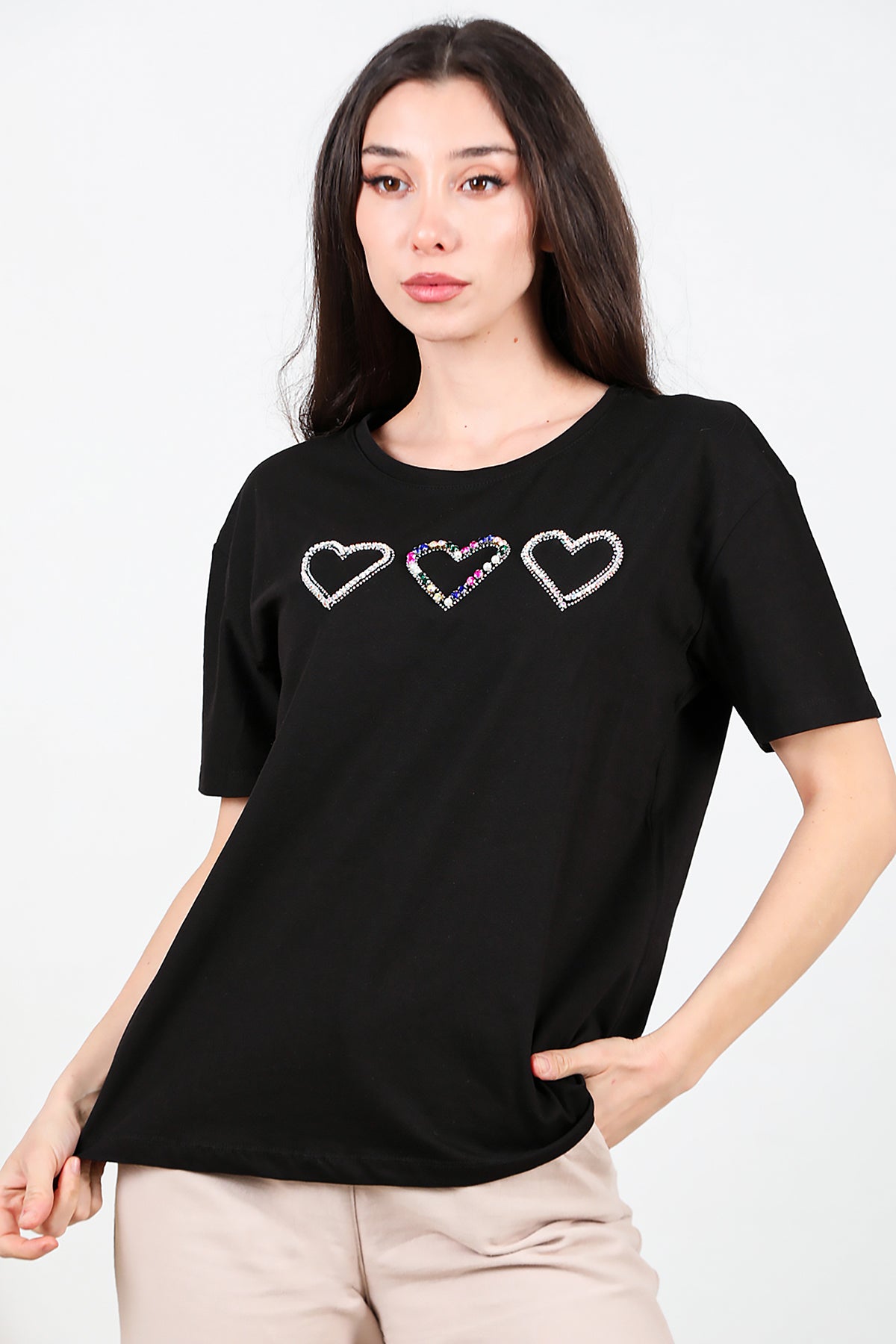 Kadın Taş İşlemeli T-shirt Siyah