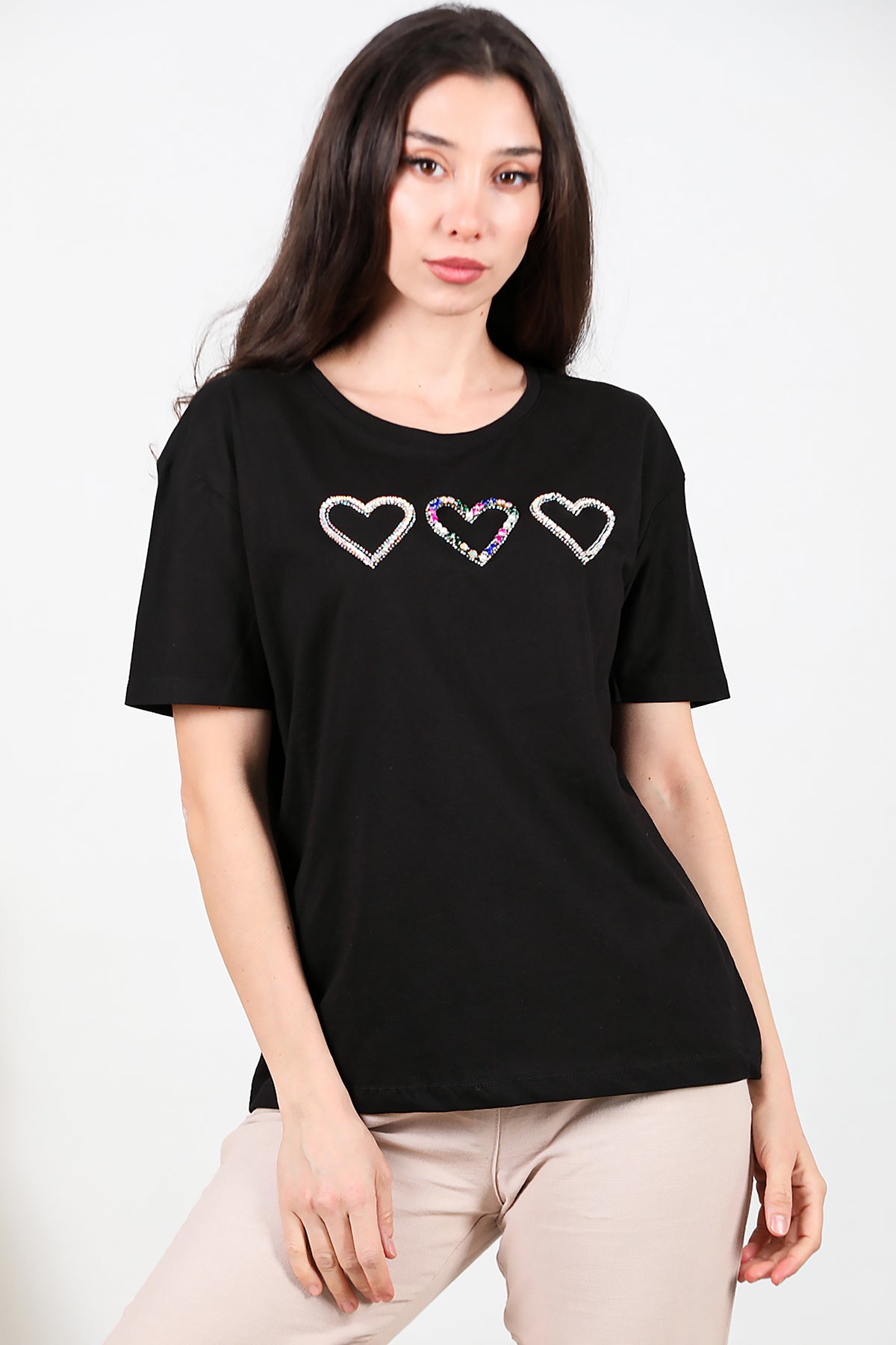Kadın Taş İşlemeli T-shirt Siyah