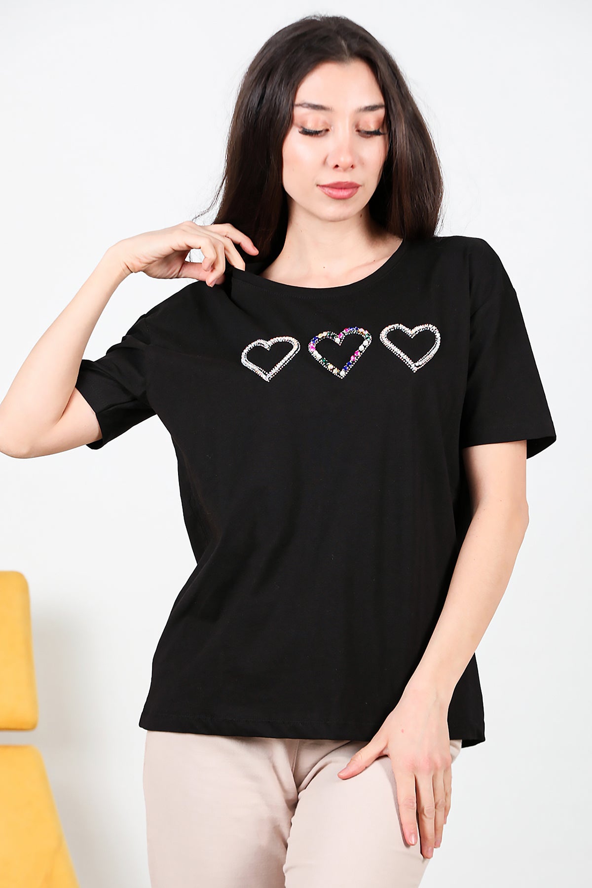 Kadın Taş İşlemeli T-shirt Siyah