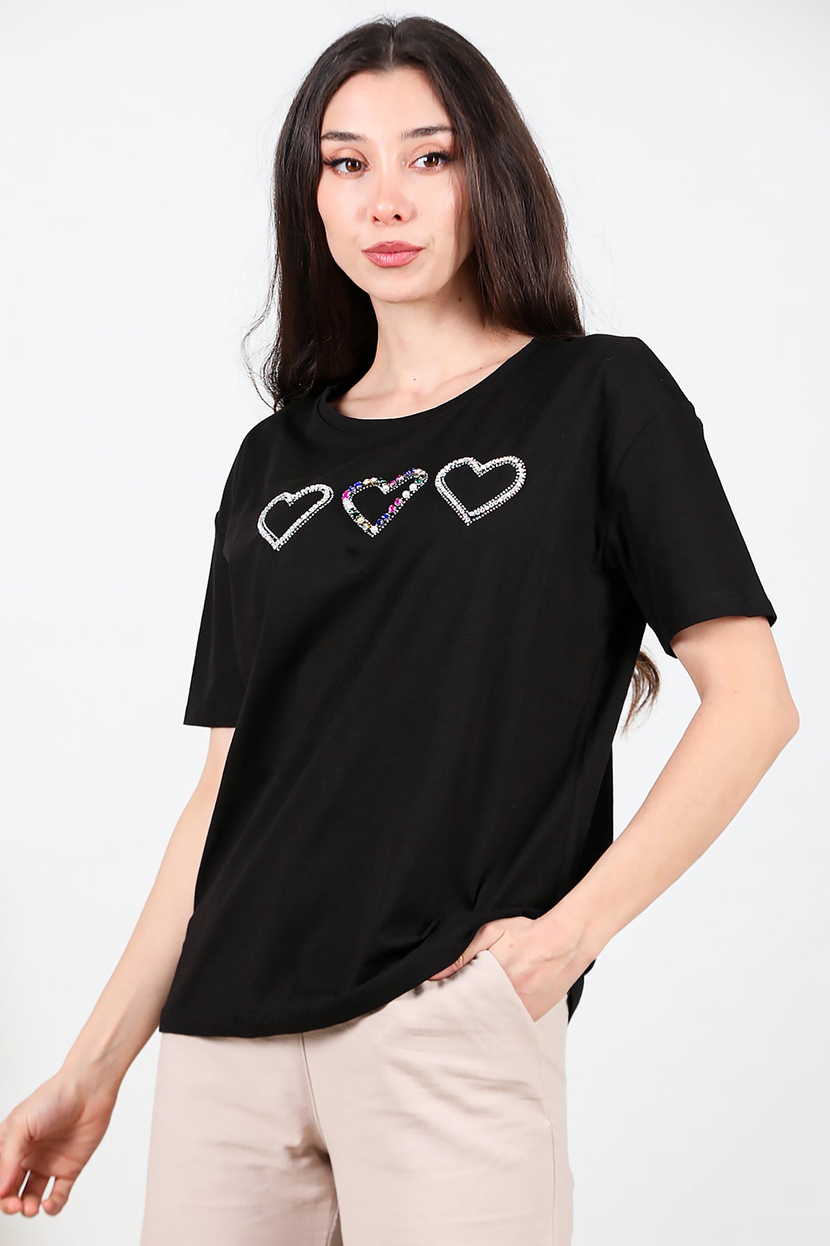 Kadın Taş İşlemeli T-shirt Siyah