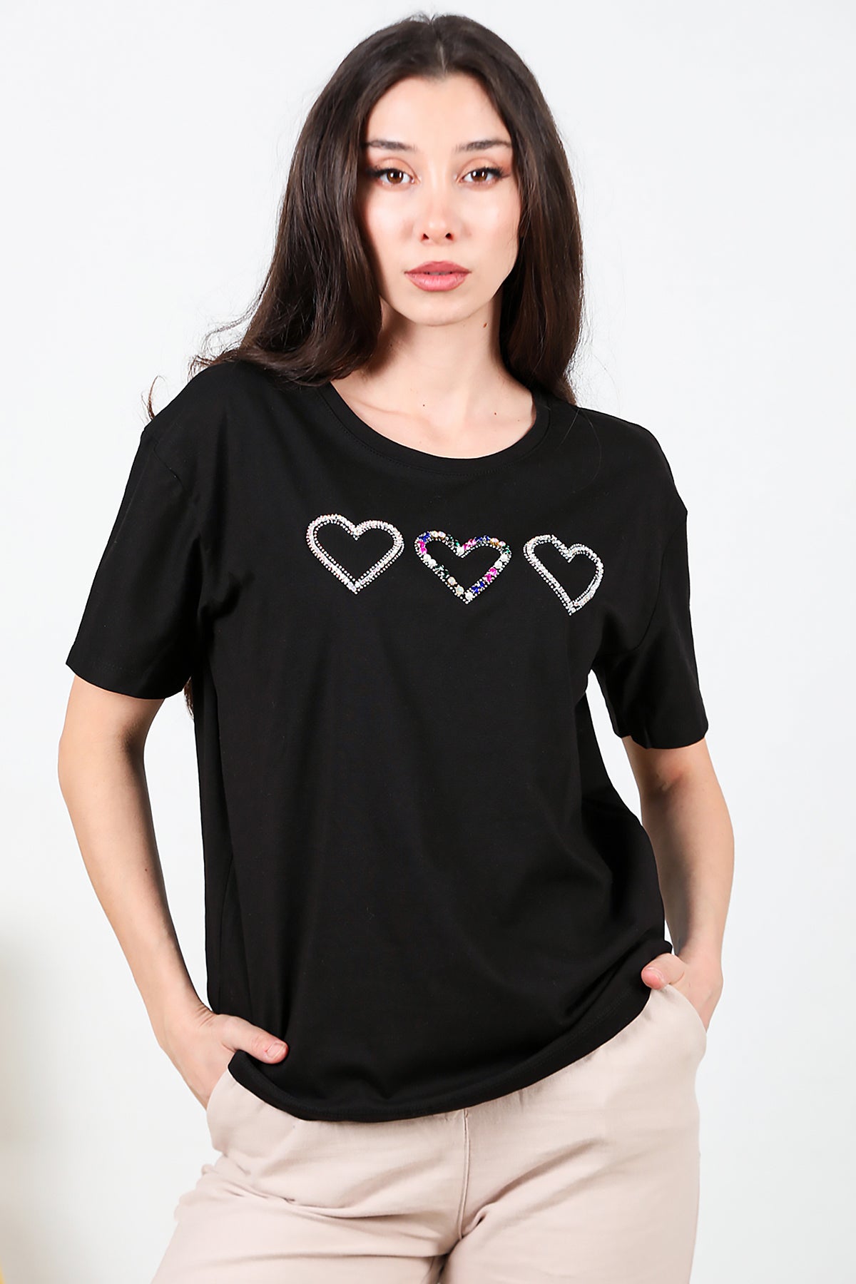 Kadın Taş İşlemeli T-shirt Siyah