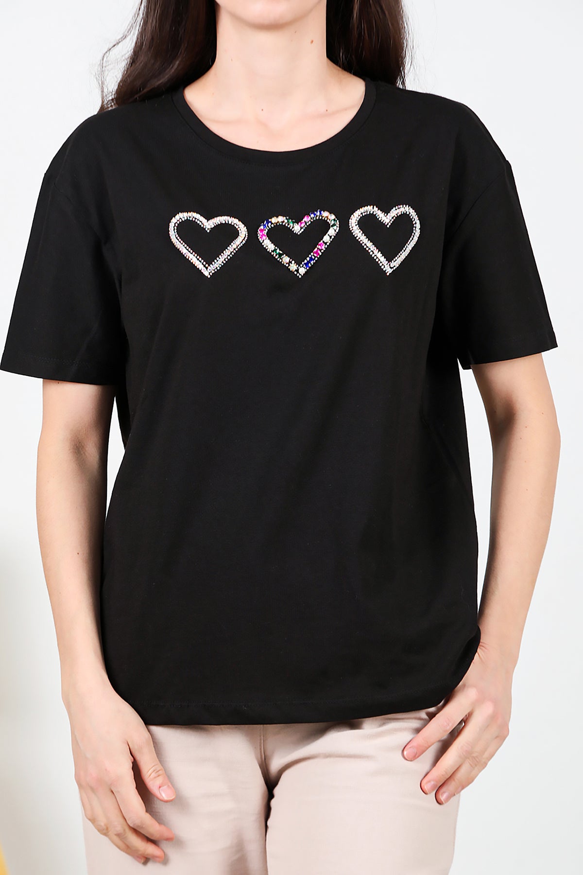 Kadın Taş İşlemeli T-shirt Siyah