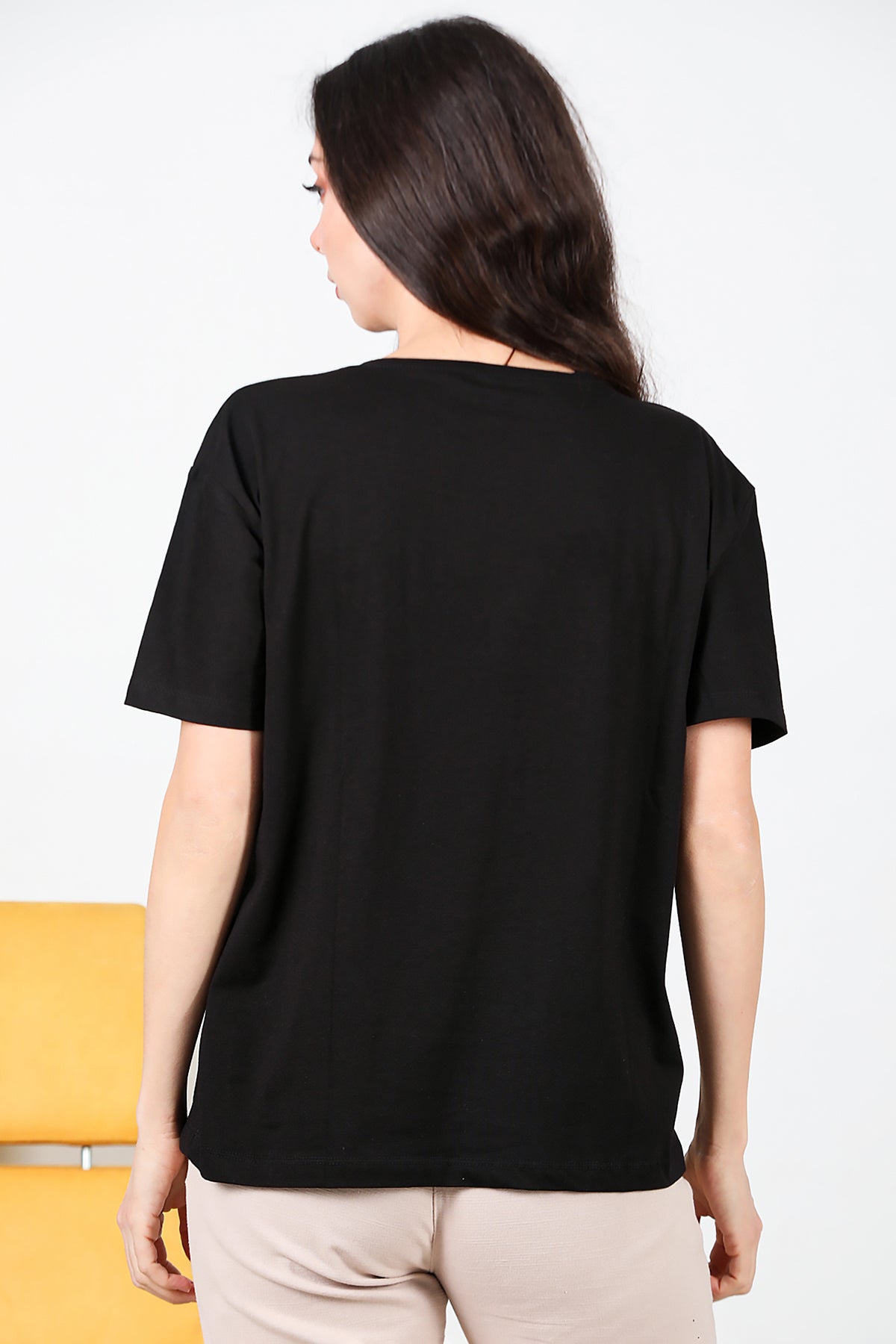 Kadın Taş İşlemeli T-shirt Siyah