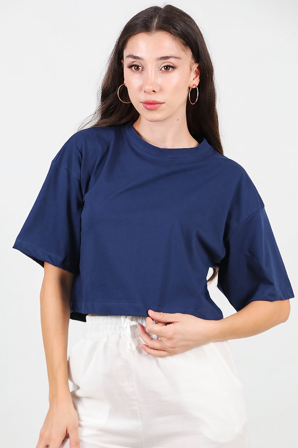 Kadın Bisiklet Yaka Kısa T-Shirt Lacivert