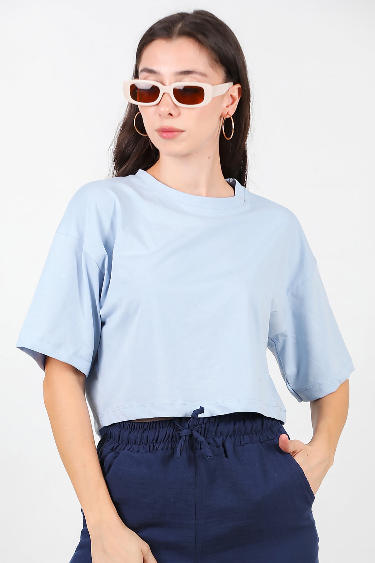 Kadın Bisiklet Yaka Kısa T-Shirt Mavi