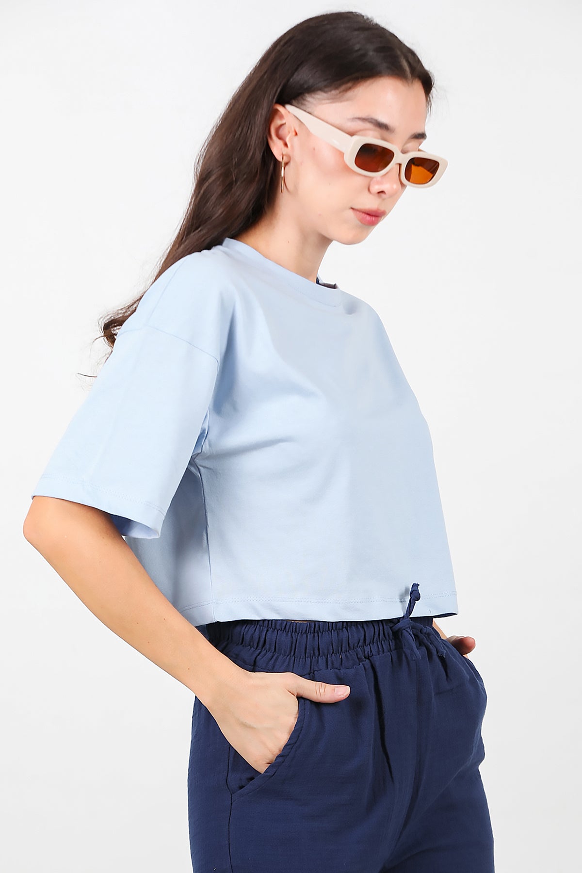 Kadın Bisiklet Yaka Kısa T-Shirt Mavi
