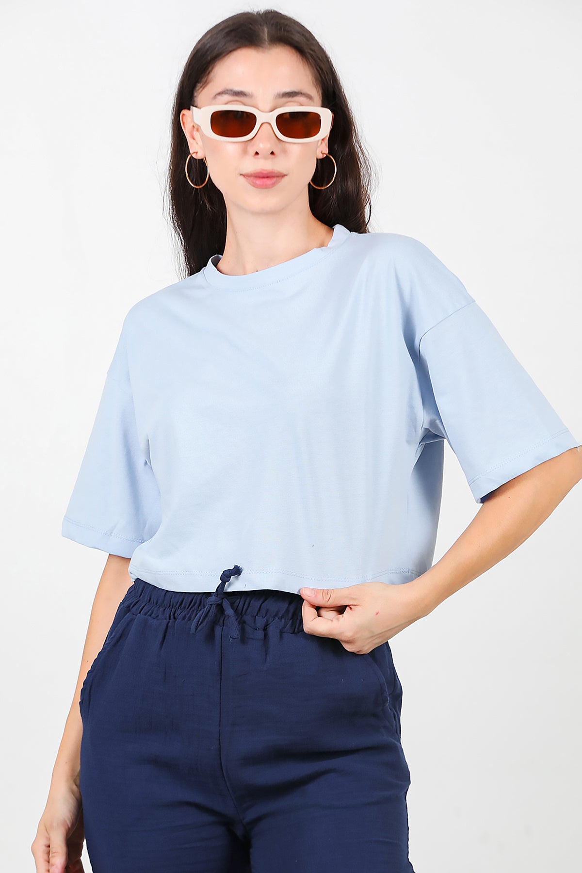 Kadın Bisiklet Yaka Kısa T-Shirt Mavi