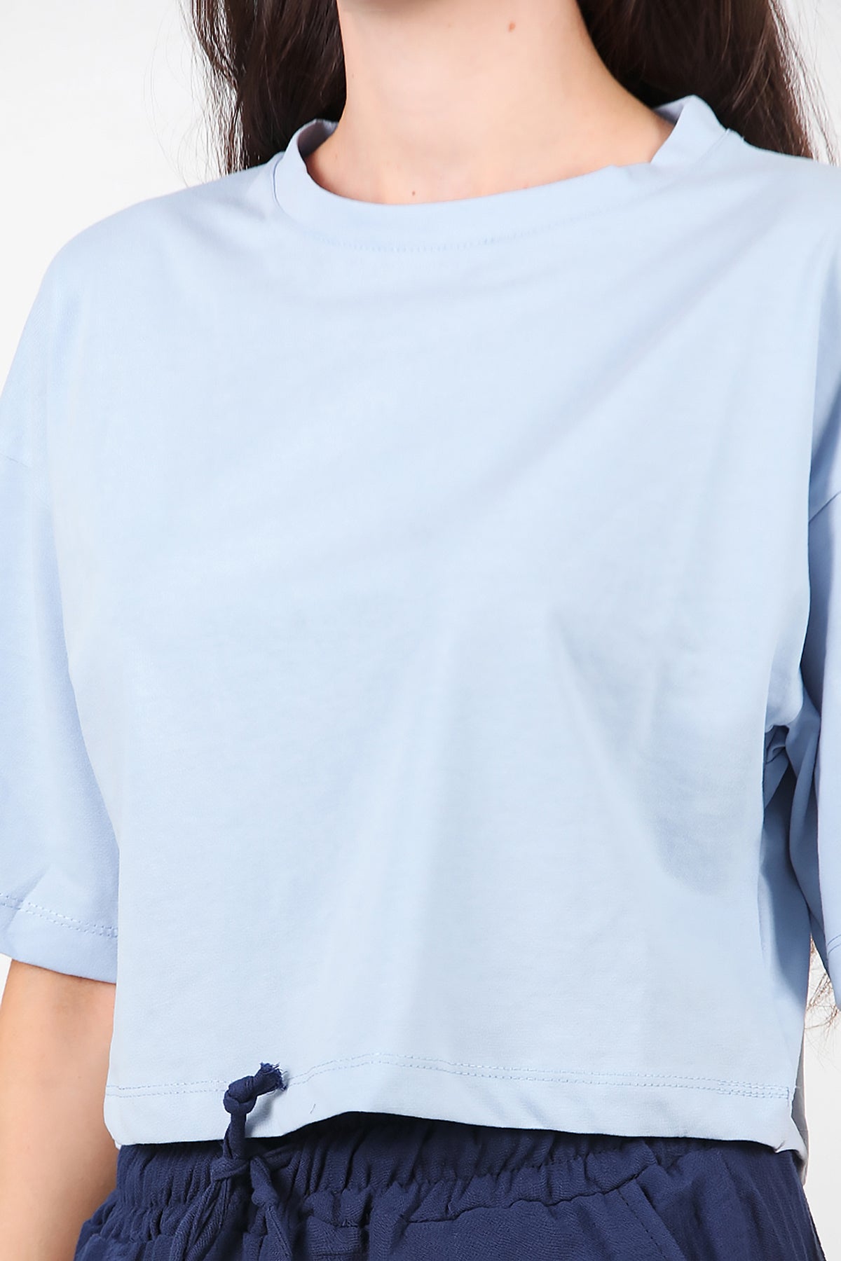 Kadın Bisiklet Yaka Kısa T-Shirt Mavi