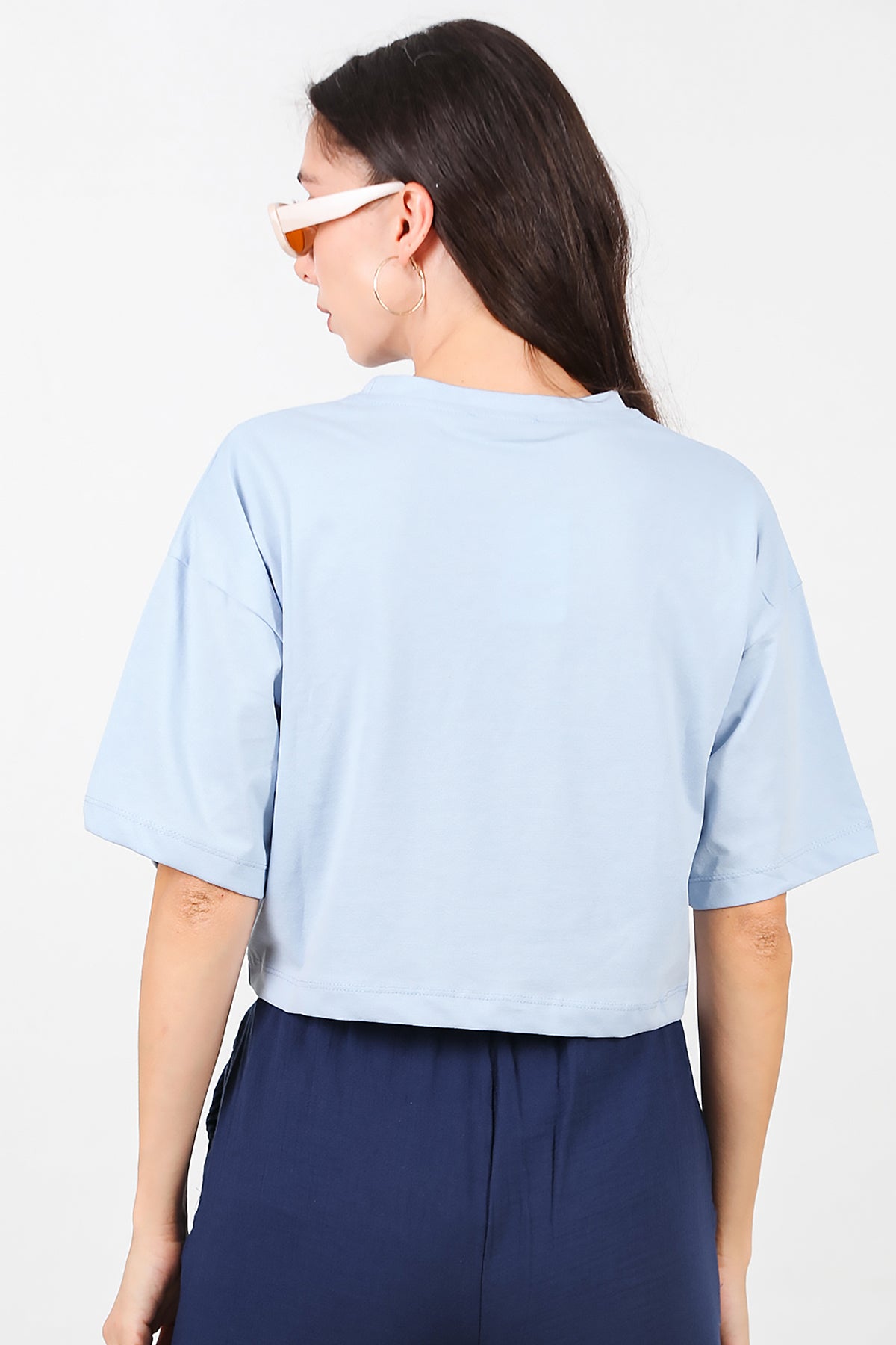 Kadın Bisiklet Yaka Kısa T-Shirt Mavi