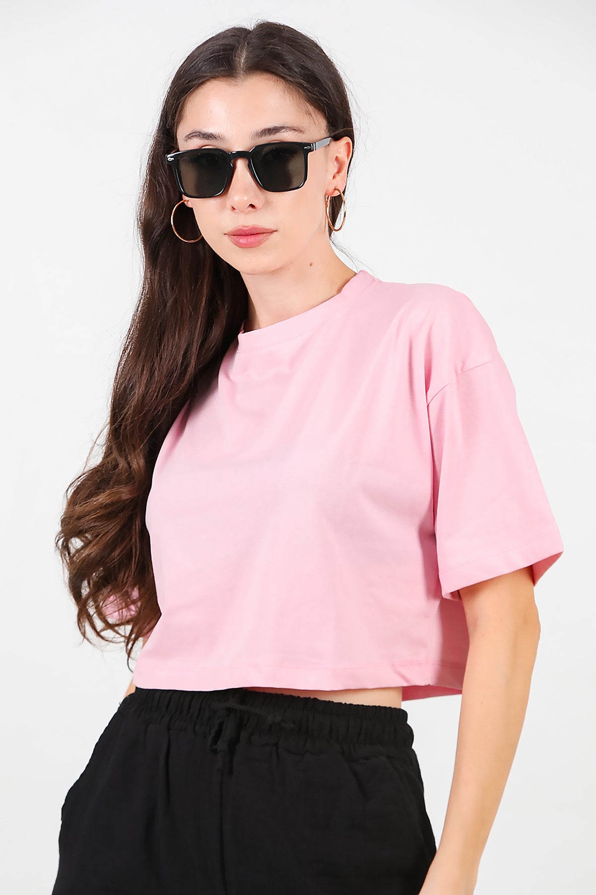 Kadın Bisiklet Yaka Kısa T-Shirt Pembe