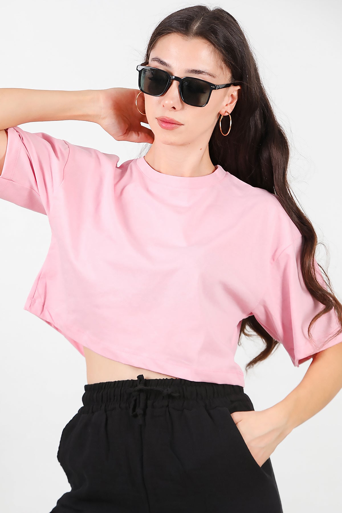 Kadın Bisiklet Yaka Kısa T-Shirt Pembe