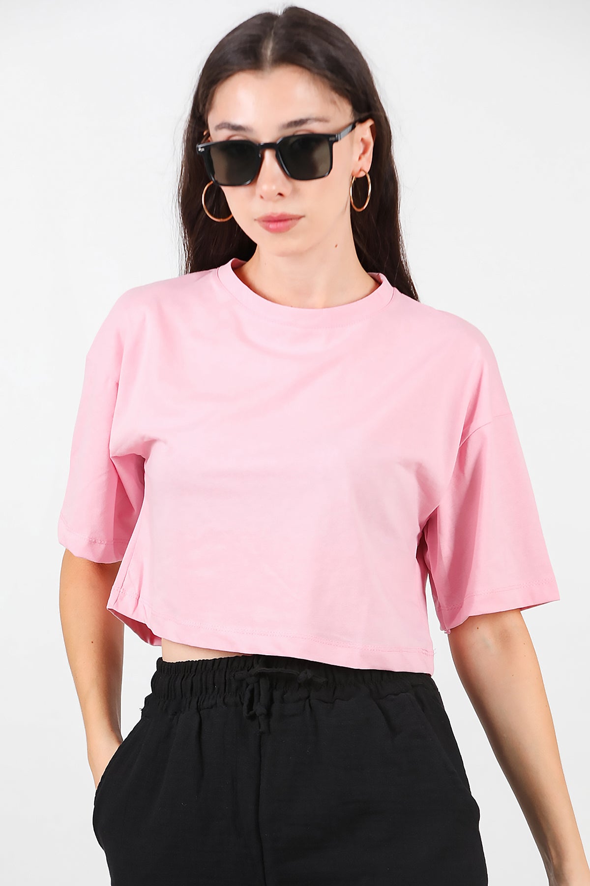 Kadın Bisiklet Yaka Kısa T-Shirt Pembe