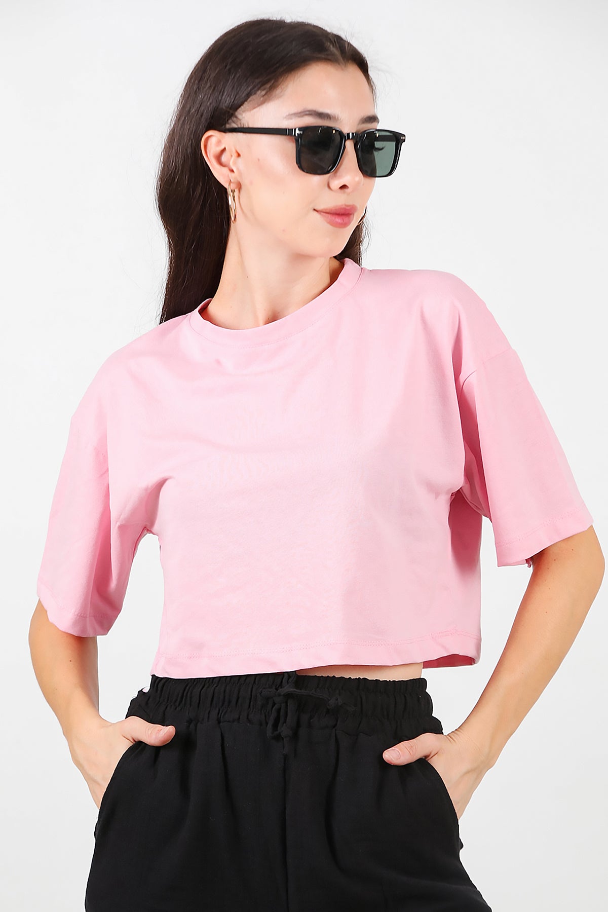 Kadın Bisiklet Yaka Kısa T-Shirt Pembe