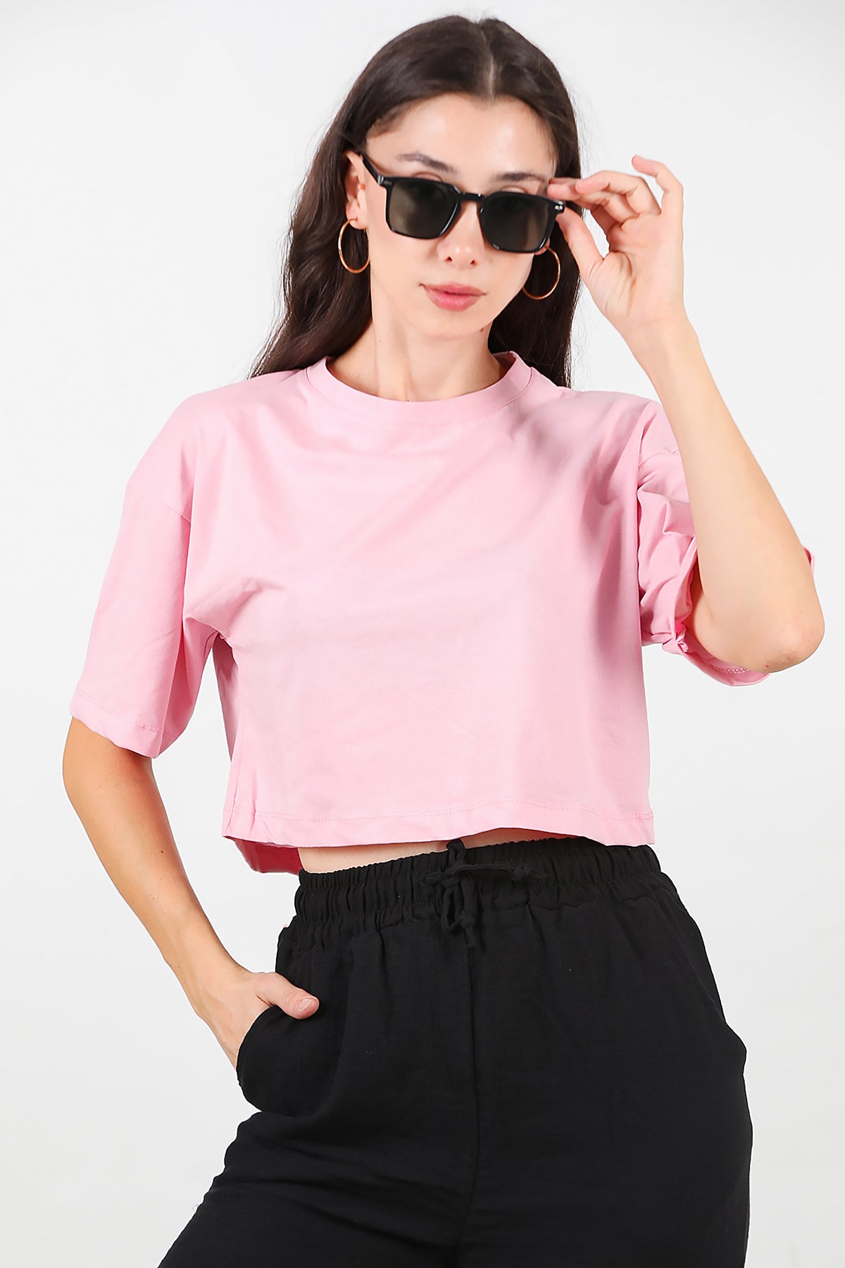 Kadın Bisiklet Yaka Kısa T-Shirt Pembe