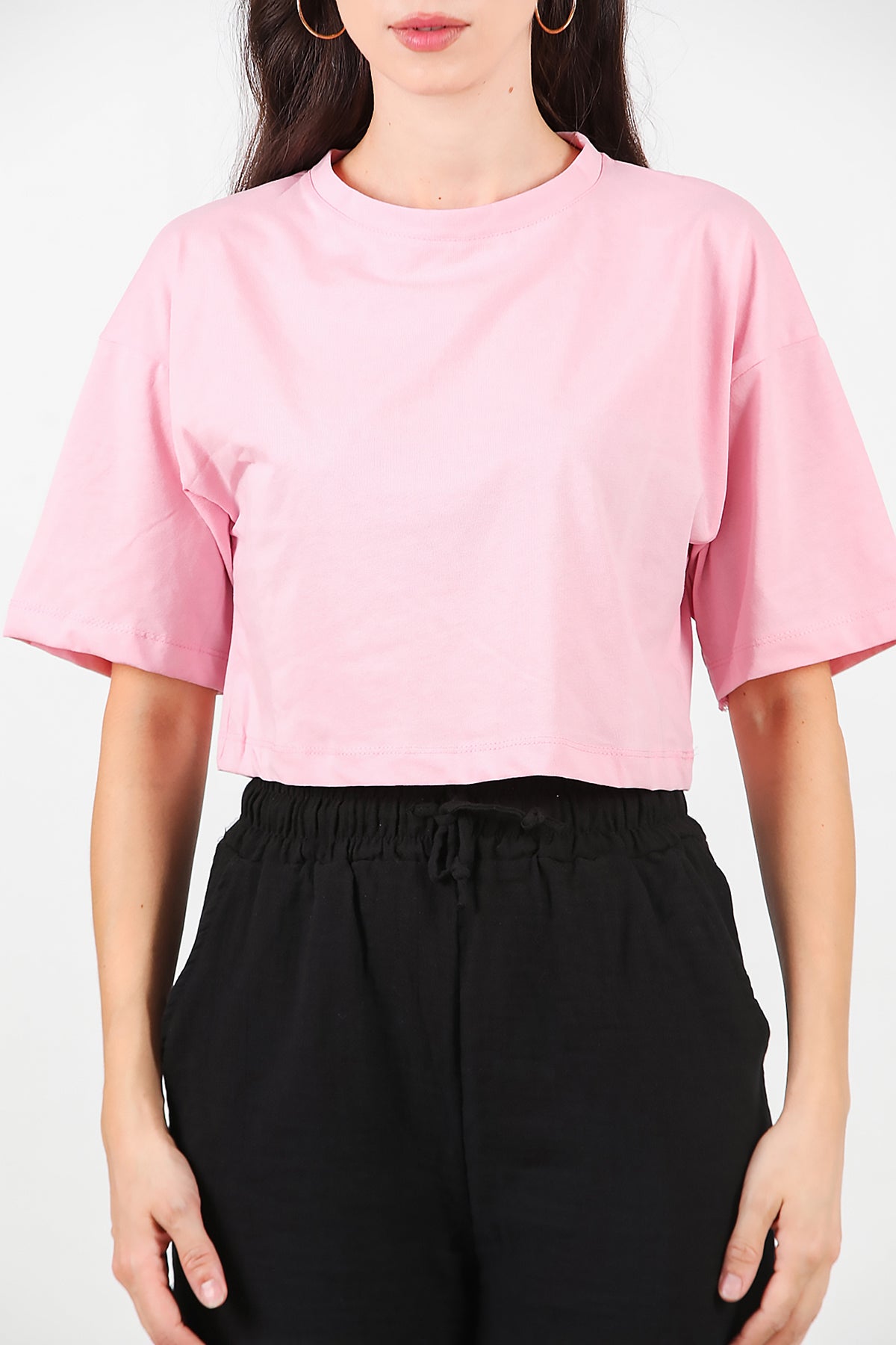Kadın Bisiklet Yaka Kısa T-Shirt Pembe