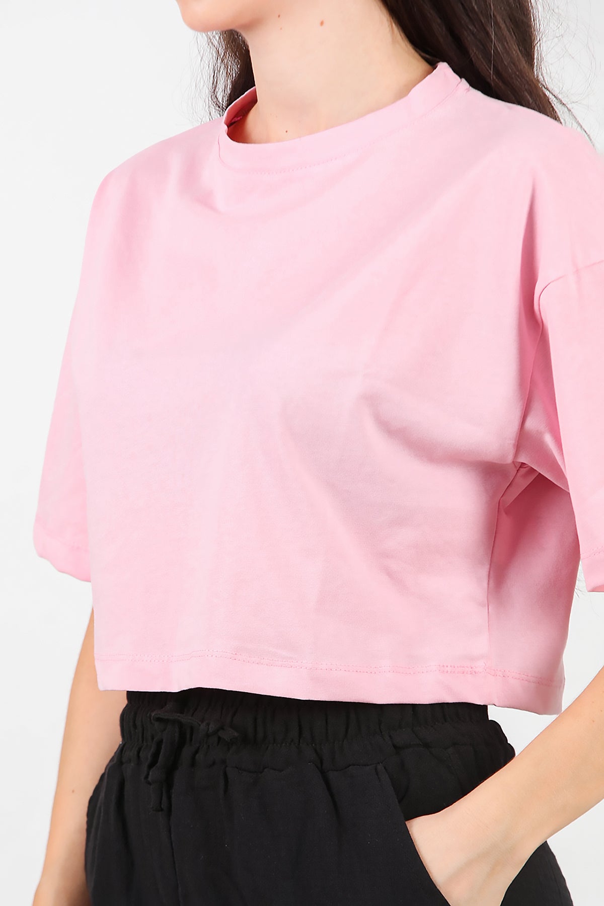 Kadın Bisiklet Yaka Kısa T-Shirt Pembe