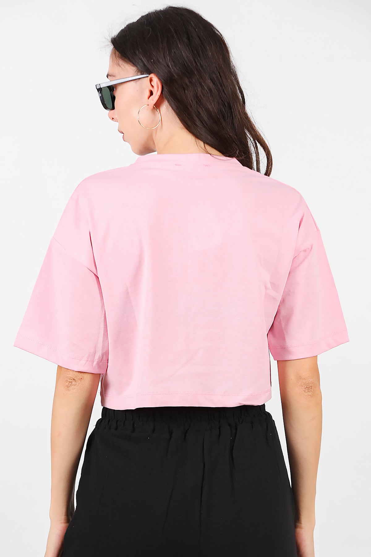 Kadın Bisiklet Yaka Kısa T-Shirt Pembe