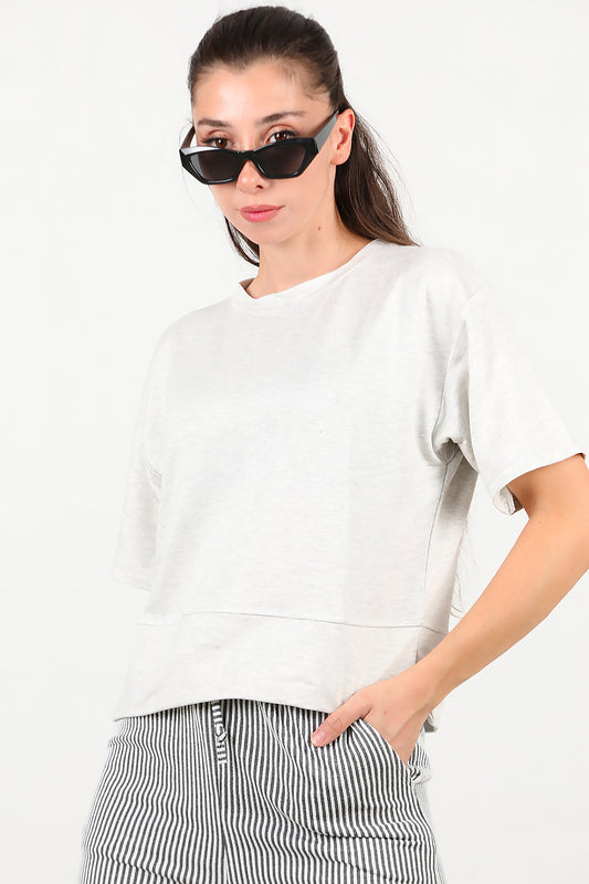 Kadın Bisiklet Yaka Yan Yırtmaçlı T-shırt Açık Gri