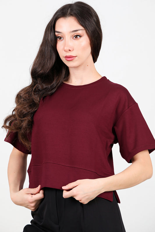 Kadın Bisiklet Yaka Yan Yırtmaçlı T-shırt Bordo
