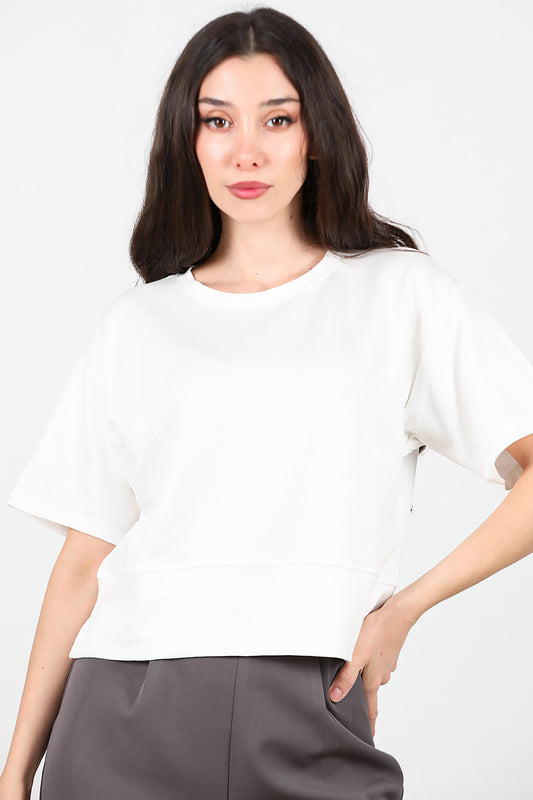 Kadın Bisiklet Yaka Yan Yırtmaçlı T-shırt Ekru