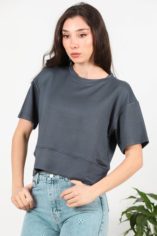Kadın Bisiklet Yaka Yan Yırtmaçlı T-shırt Füme