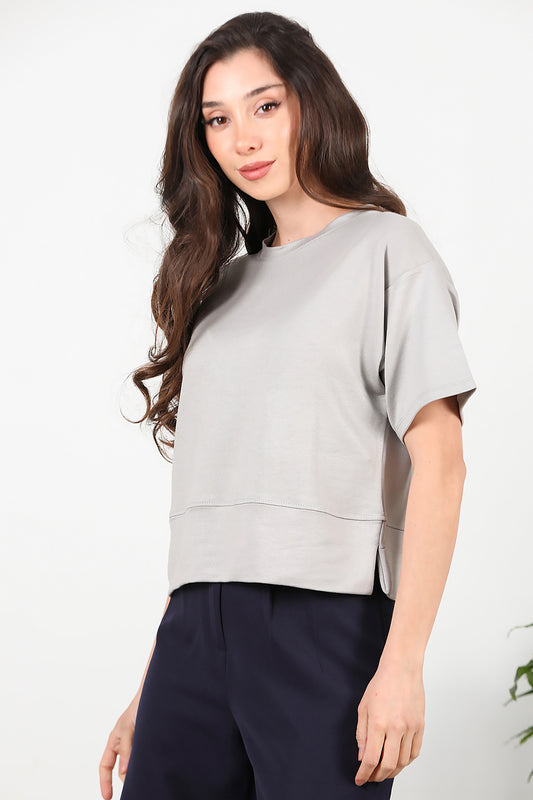 Kadın Bisiklet Yaka Yan Yırtmaçlı T-shırt Gri
