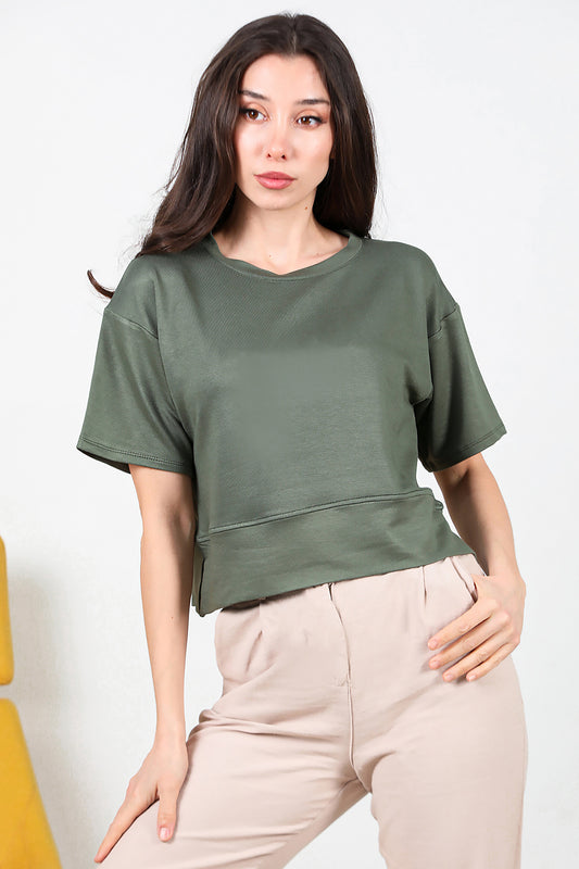 Kadın Bisiklet Yaka Yan Yırtmaçlı T-shırt Haki