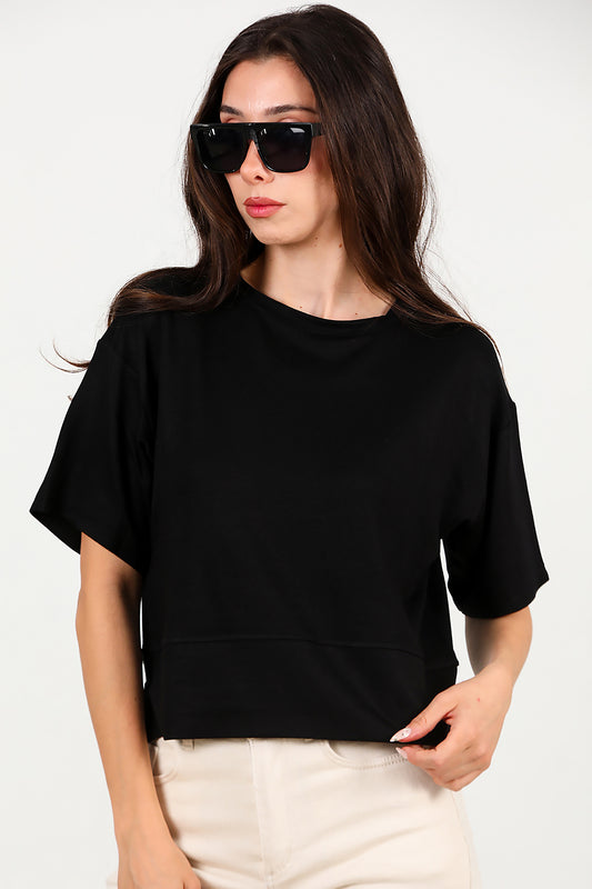Kadın Bisiklet Yaka Yan Yırtmaçlı T-shırt Siyah
