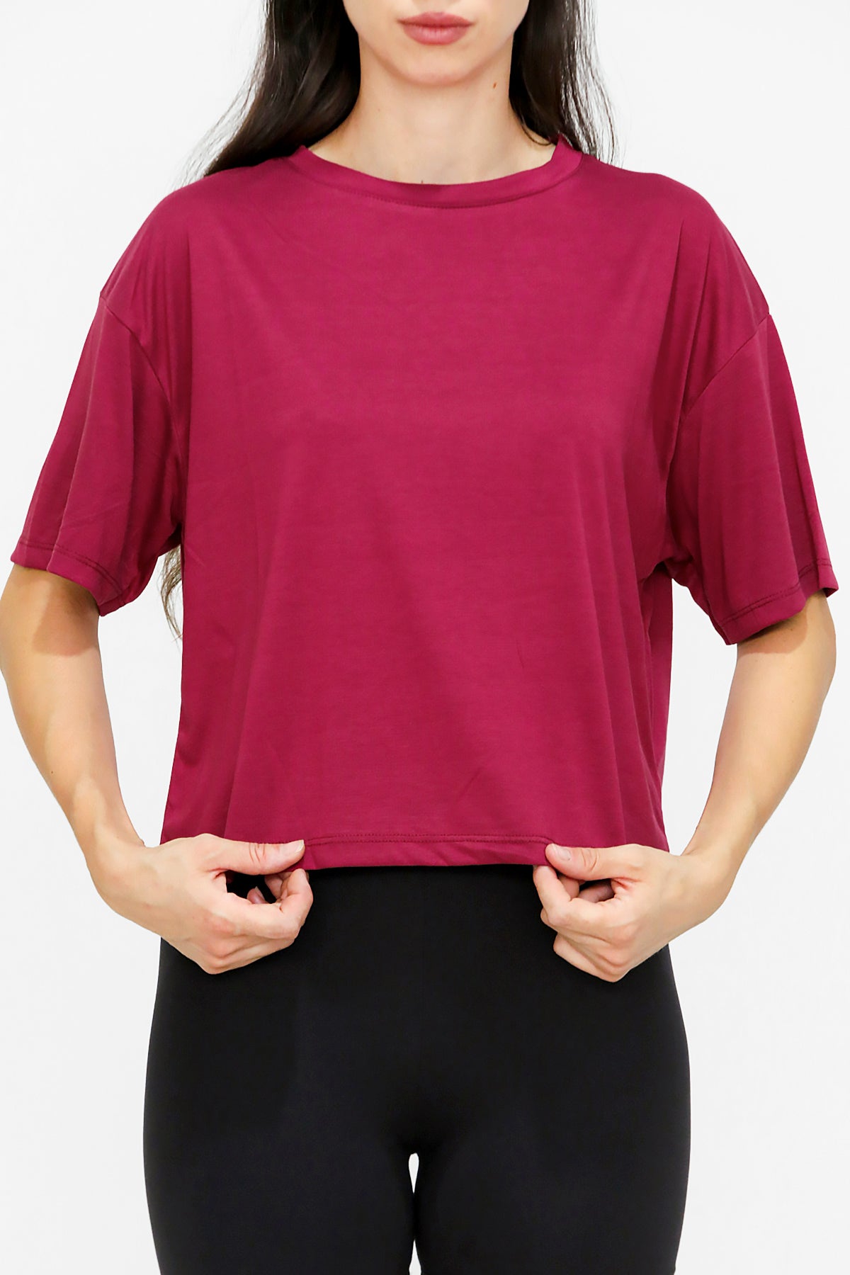 Kadın Bisiklet Yaka Kısa T-shirt Bordo
