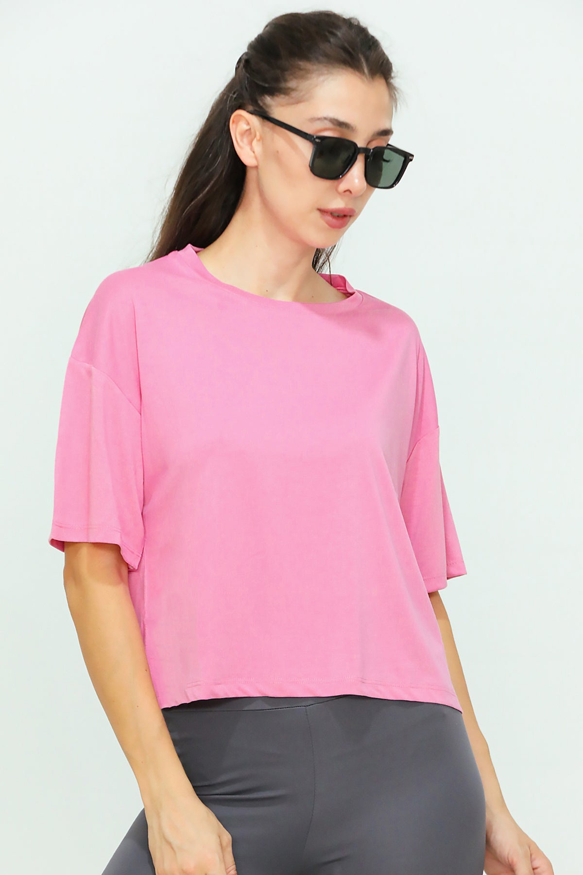 Kadın Bisiklet Yaka Kısa T-shirt Pembe