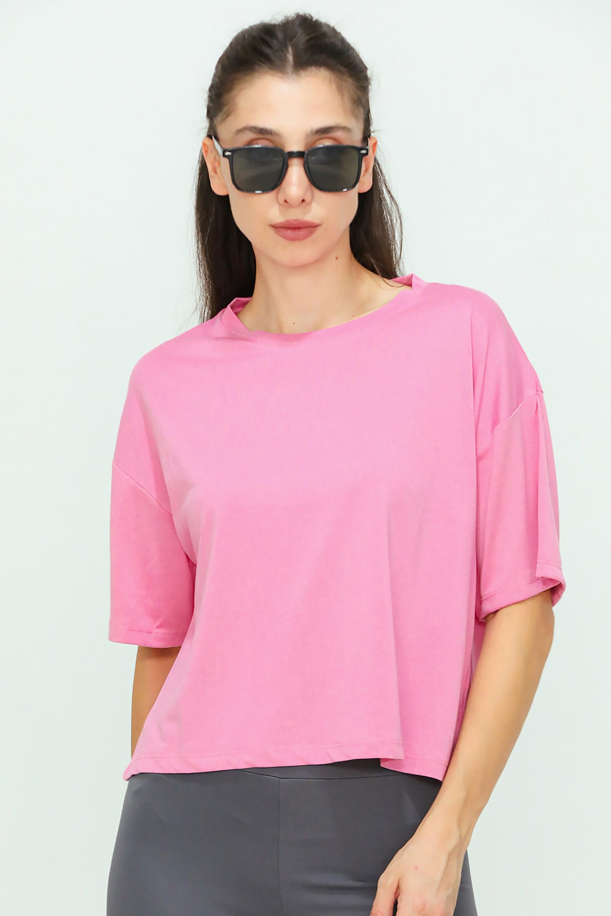 Kadın Bisiklet Yaka Kısa T-shirt Pembe