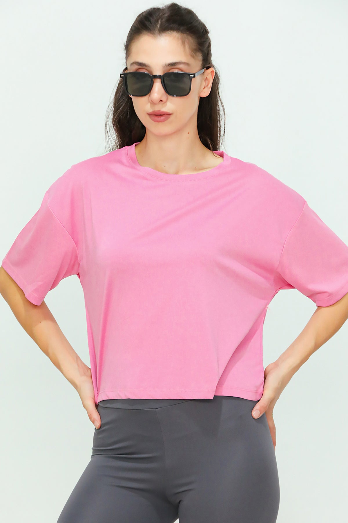 Kadın Bisiklet Yaka Kısa T-shirt Pembe