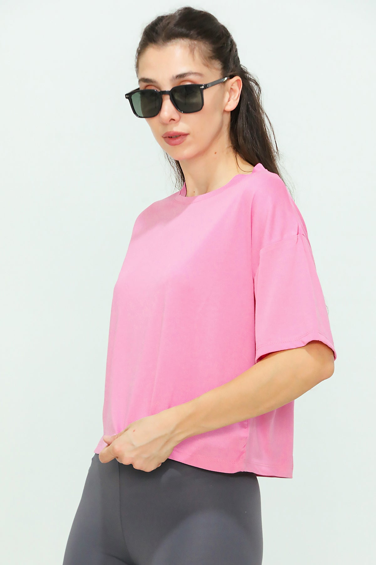 Kadın Bisiklet Yaka Kısa T-shirt Pembe