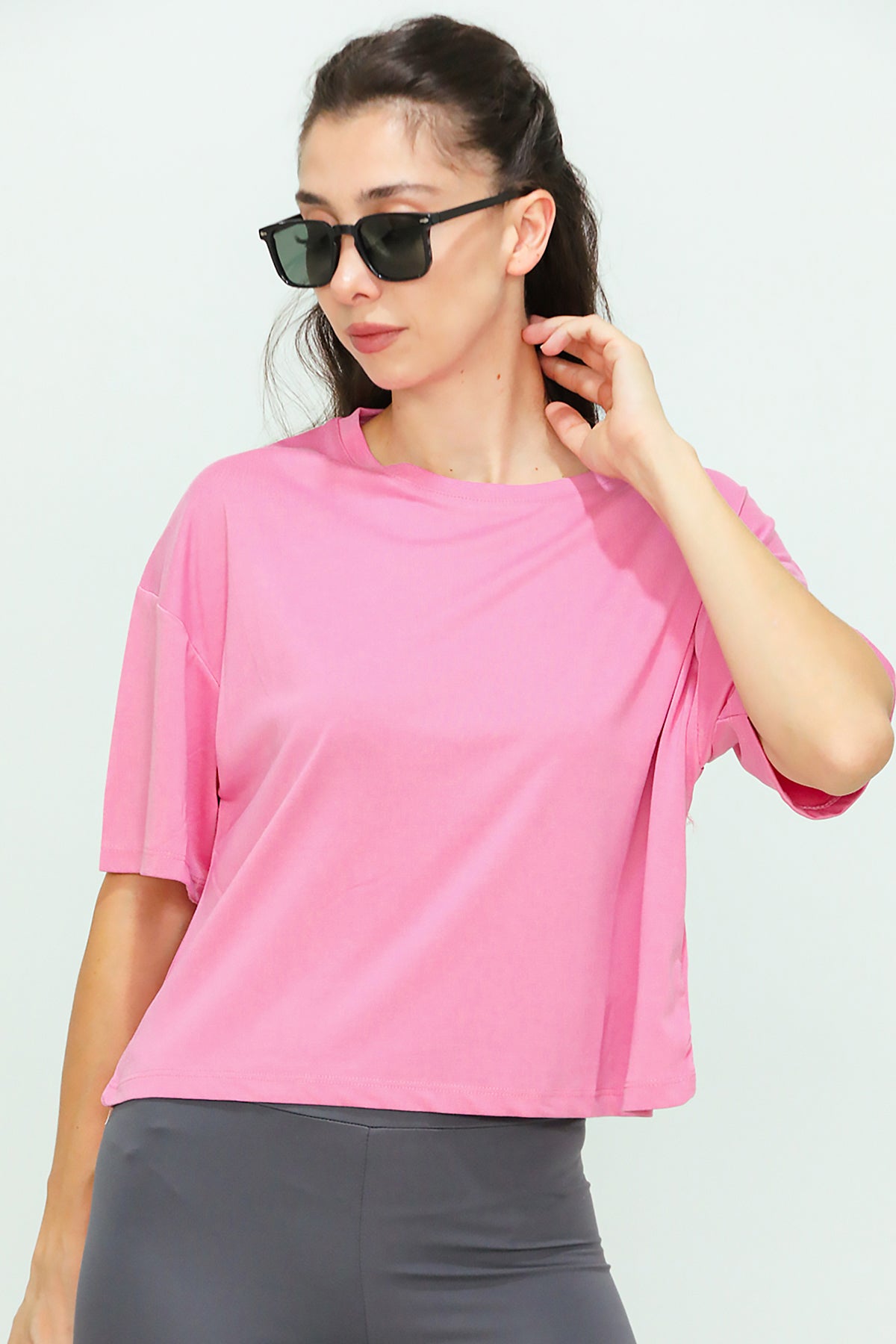 Kadın Bisiklet Yaka Kısa T-shirt Pembe