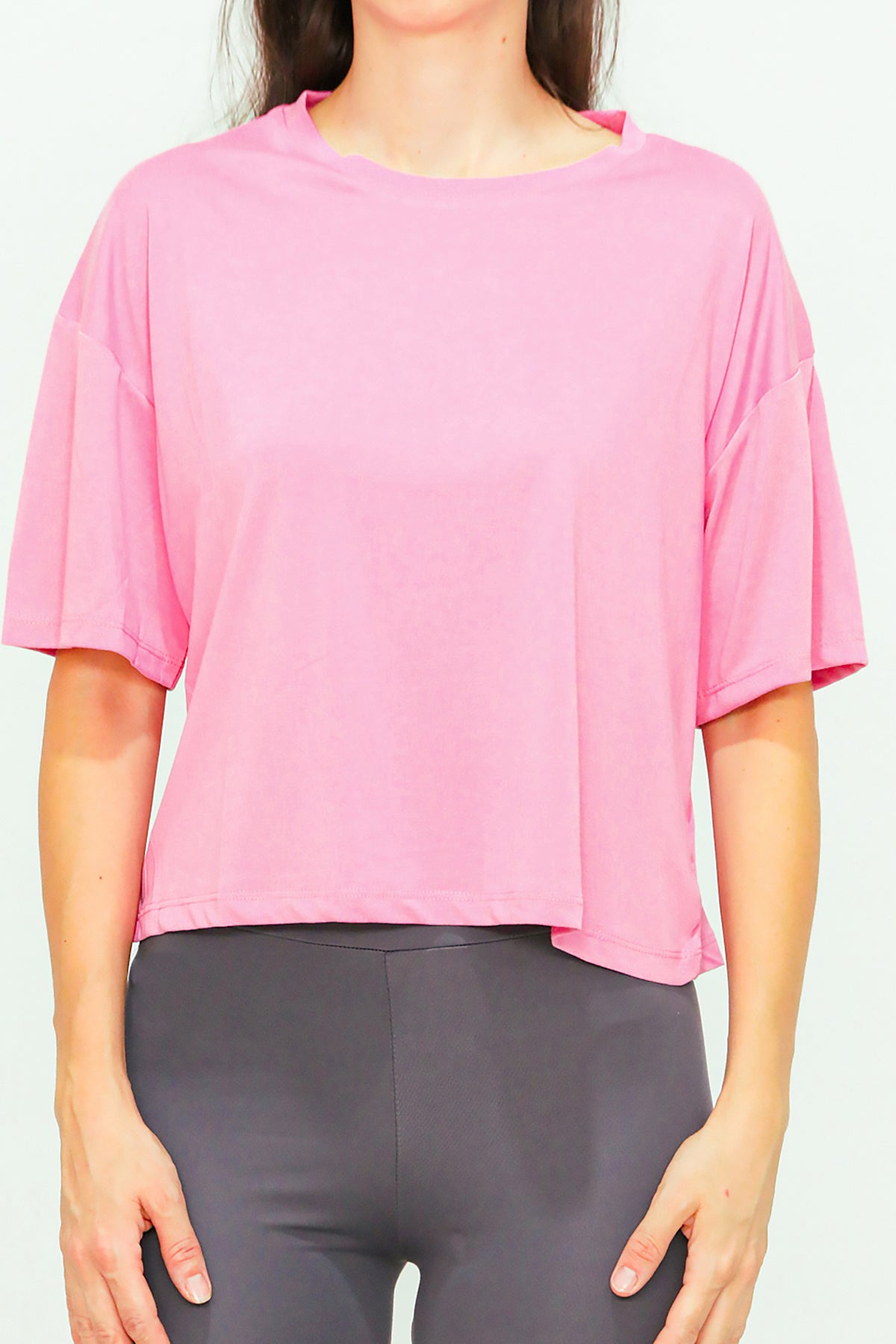 Kadın Bisiklet Yaka Kısa T-shirt Pembe