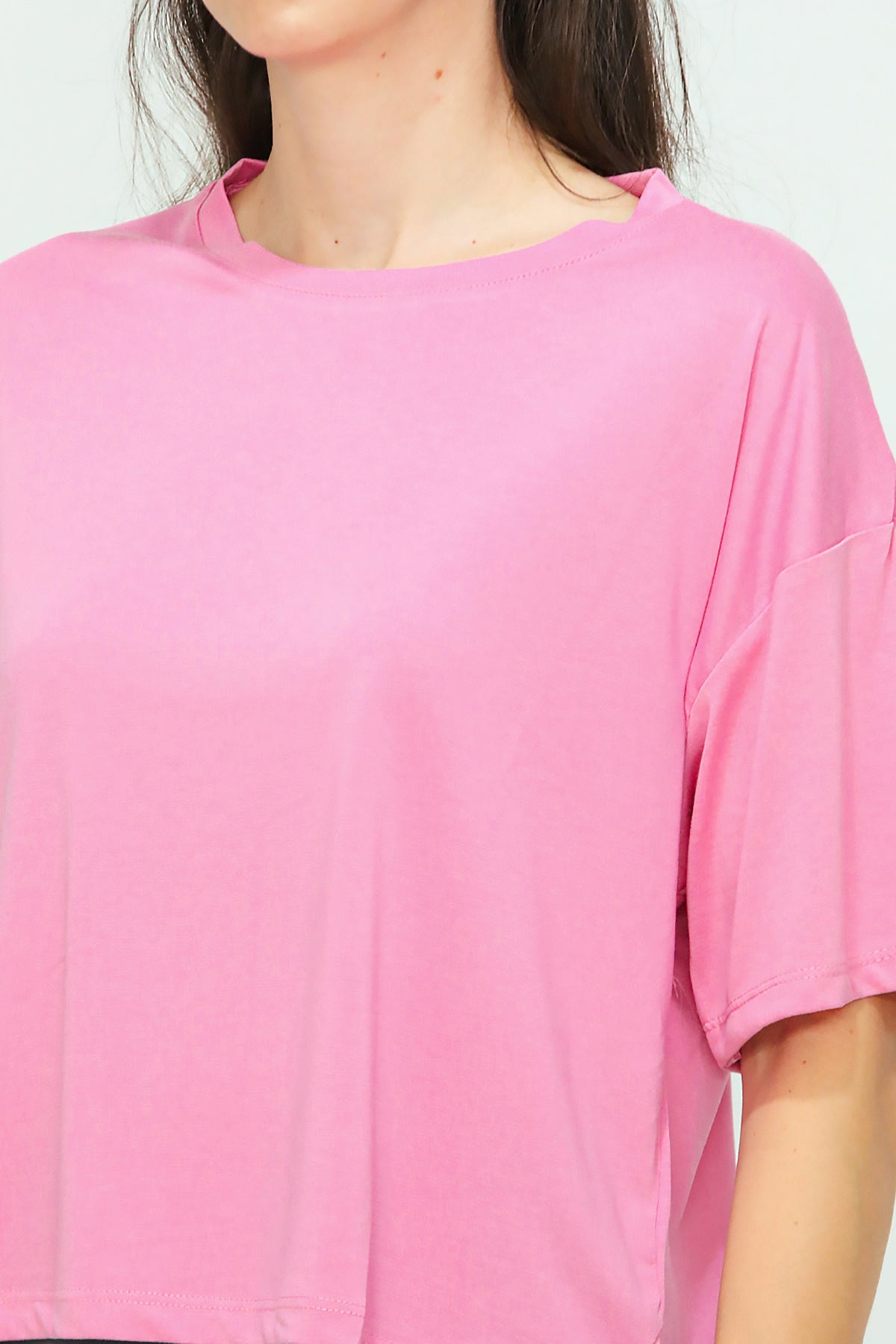 Kadın Bisiklet Yaka Kısa T-shirt Pembe