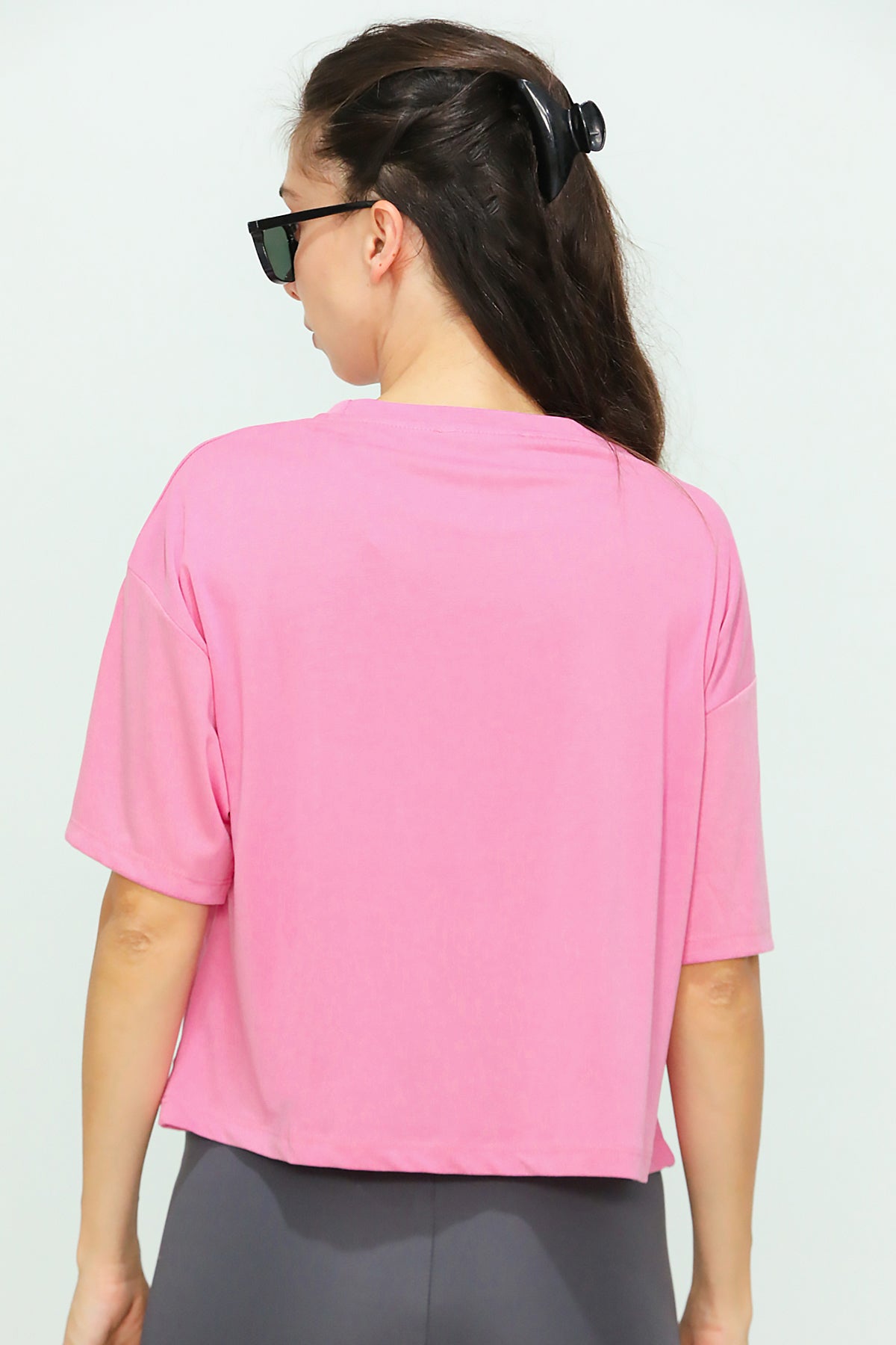 Kadın Bisiklet Yaka Kısa T-shirt Pembe