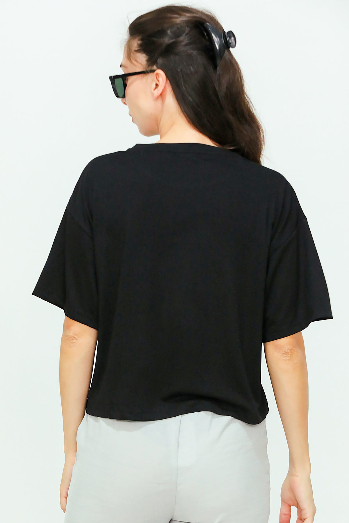 Kadın Bisiklet Yaka Kısa T-shirt Siyah