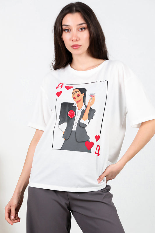 Kadın Bisiklet Yaka Baskılı T-shirt Ekru