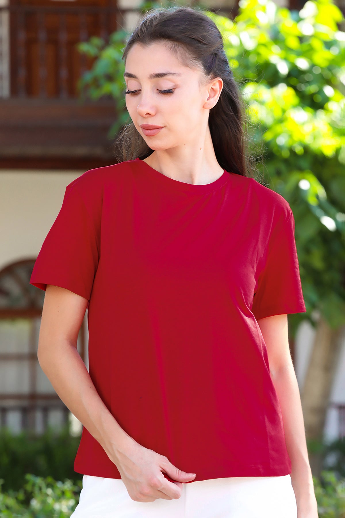 Kadın Bisiklet Yaka T-Shirt Bordo
